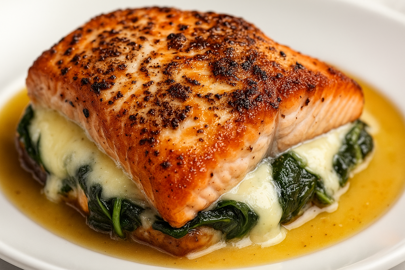 Blackened salmon stuffed with creamy spinach and melted Parmesan, served with lemon butter sauce