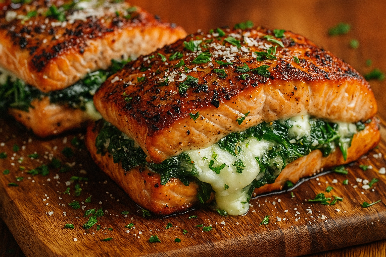 Stuffed Salmon with Spinach and Cheese Filling Two blackened salmon fillets stuffed with spinach and mozzarella, garnished with parsley