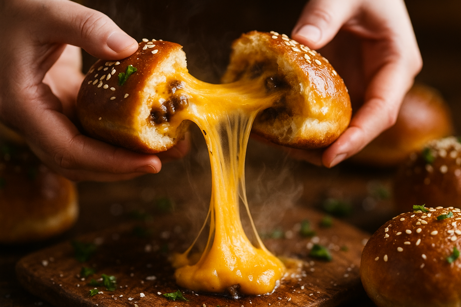 Hands pull apart a cheeseburger pretzel bomb with a long gooey cheddar cheese stretch and visible steam