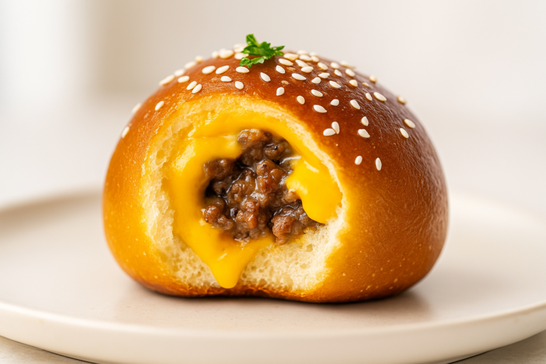 Close-up cheeseburger pretzel bomb with melted cheddar and seasoned beef filling on a sesame-topped bun