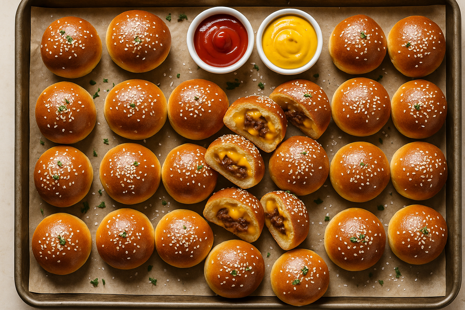 Overhead sheet pan of golden cheeseburger pretzel bombs with sesame seeds, ketchup and mustard for dipping